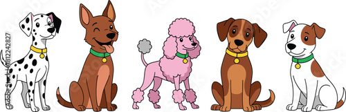 Cartoon dogs, Dalmatian, poodle, brown dog, white dog, pet illustration, dog breeds, cute animals, playful pets, dog characters