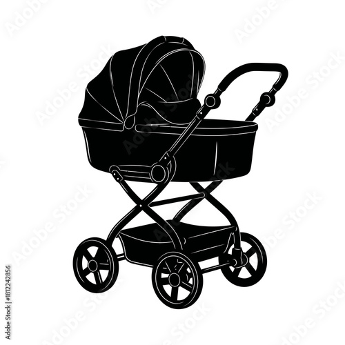 Classic baby pram silhouette with a canopy and storage basket isolated on white background