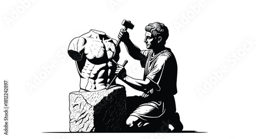 A sculptor carefully chisels details into a marble torso a classical scene