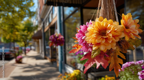 Fototapeta Naklejka Na Ścianę i Meble -  Gratitude street fair with autumn illumination and decoration defocused small town background blurred celebration scene seasonal advertisement display festival poster visual