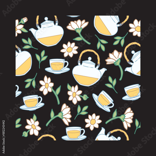 Floral Tea Pattern with Herbal Drink and Blooming Flower. Perfect for tea packaging, kitchen textiles, cafe decor, wallpaper, and cozy beverage-themed design. Ideal for herbal and floral tea concept.