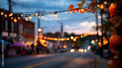 Fototapeta Naklejka Na Ścianę i Meble -  Gratitude street fair with autumn illumination and decoration defocused small town background blurred celebration scene seasonal advertisement display festival poster visual