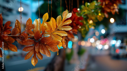 Fototapeta Naklejka Na Ścianę i Meble -  Gratitude street fair with autumn illumination and decoration defocused small town background blurred celebration scene seasonal advertisement display festival poster visual