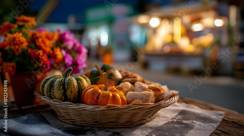 Fototapeta Naklejka Na Ścianę i Meble -  Gratitude street fair with autumn illumination and decoration defocused small town background blurred celebration scene seasonal advertisement display festival poster visual