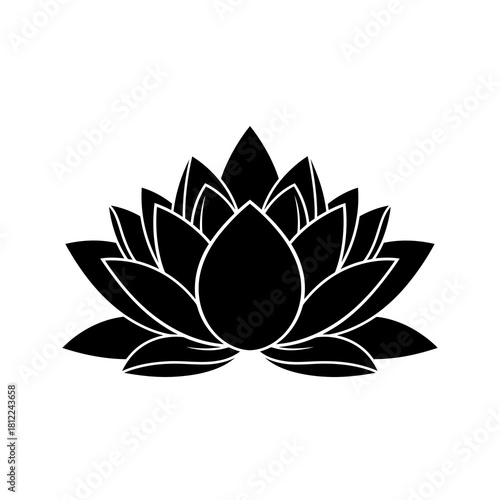 Black silhouette of a blooming lotus flower with delicate petal details isolated on white background silhouette