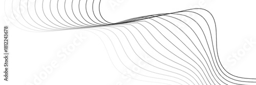 Dotted wave line background. Black halftone undulate pattern. Abstract particle flow wave wallpaper. Curved dashed gradient net design element. poster