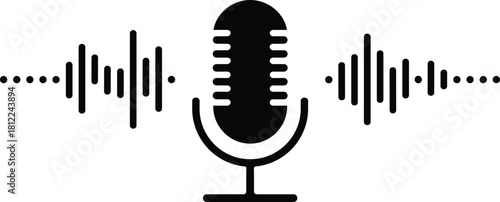 Modern condenser microphone icon with dynamic sound wave visualizer, representing audio production, digital podcasting, live streaming, voice commands, recording studio, broadcasting