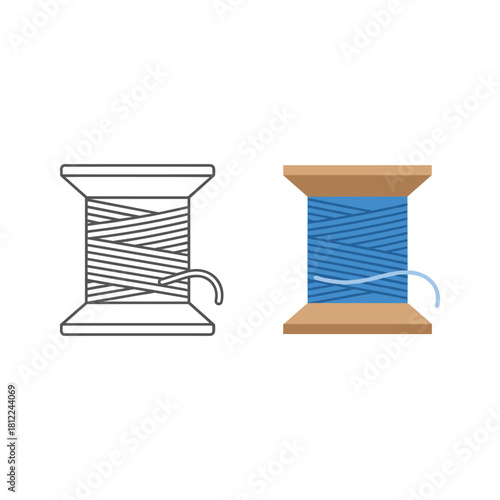 Sewing thread spool icon outline and color vector design.