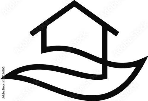 Abstract linear house icon integrated with flowing wave or leaf shape for eco-living