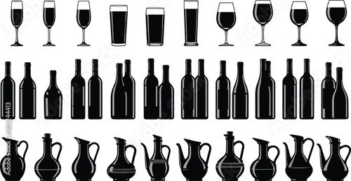 Beverage Glass Bottle and Carafe Silhouettes Collection Wine Beer Spirits Drinkware Vessels Bar Service Restaurant Celebration Liquid Storage Isolated White Background