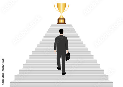 Businessman walking Upstairs toward Trophy. Business Success or Goal Achievement Concept. Vector Illustration. 