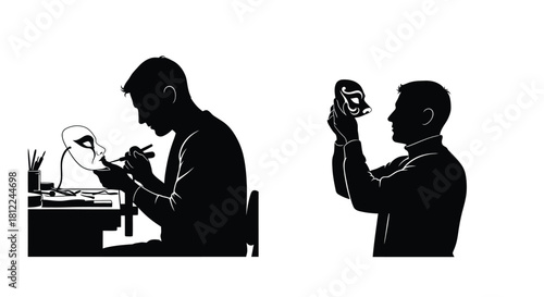 Silhouette of a man examining a mask alongside another holding it up