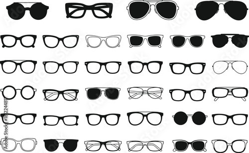 Collection of Glasses and Sunglasses Silhouettes Various Frame Styles Fashion Eyewear Accessories Vision Protection Retro Modern Design Isolated White Background