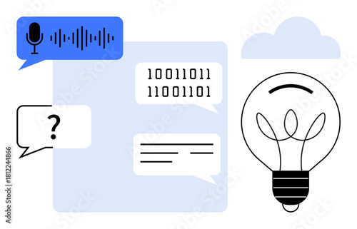 Speech recognition bubble, binary code, question icon, conversation boxes, light bulb, and cloud. Ideal for technology, innovation, AI brainstorming communication collaboration voice technology
