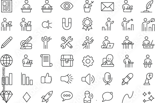 “Minimalist Line Art Icons for Writing, Productivity, and Creative Work – 50-Icon Collection”