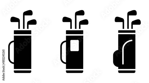 Golf clubs in bag vector icon set, showcasing essential golfing equipment for sports, leisure, and professional tournament play designs