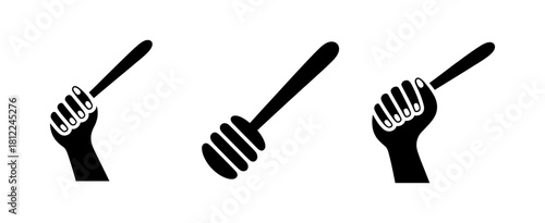 Honey dipper and hand holding honey stick icon set for natural food, beekeeping, sweet products, and dessert concepts, vector illustration.