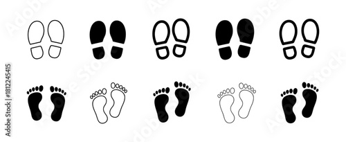 Diverse set of human shoe and bare foot prints icons, illustrated in black solid and outline vector styles, symbolizing progress, journey, and path.