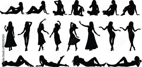 Collection of Female Silhouettes in Various Poses Lying Sitting Standing Dancing Movement Sensuality Beauty Relaxation Leisure Yoga Fitness Isolated White Background