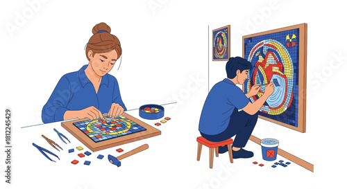 Artists creating intricate mosaic artwork in a vibrant and colorful studio setting