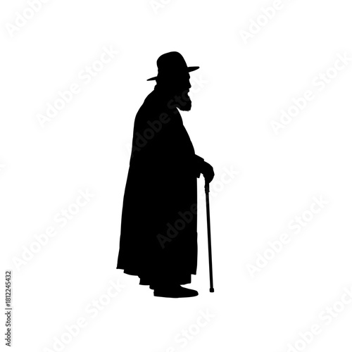 Orthodox jew silhouette, elderly man with cane