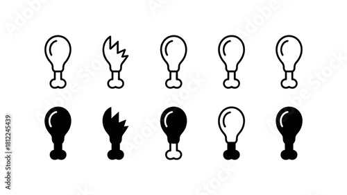 Collection of outline and solid chicken drumstick icons, depicting whole and partially eaten poultry legs, ideal for food menus, apps, and branding