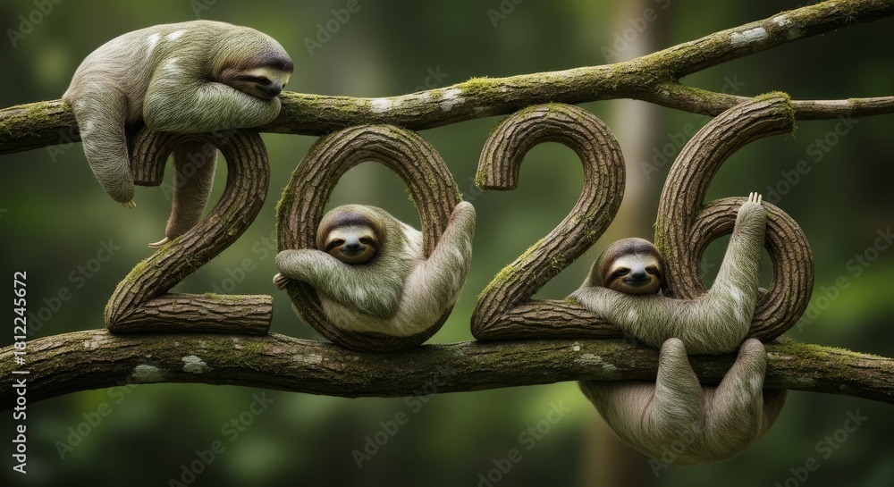 Naklejka premium Sloths Forming Year Numbers on Branch - Three sloths cling to a branch shaped like the year 2026 in a lush, green environment
