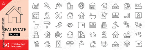 Real estate icons set. Includes symbols of houses, buildings, property sales, location pins, rent, mortgages, and construction. Editable stroke. Vector illustration. Outline icons.
