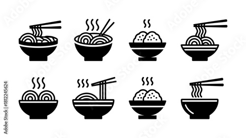 Set of diverse hot steaming ramen, noodle, and rice bowl icons with chopsticks. ideal for asian cuisine, restaurant menus, and fast food digital graphics. clean vector silhouettes.