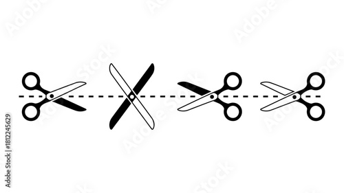 Scissors vector illustration showing cutting along a dotted line, with a crossed-out pair, representing editing, deletion, and precise work.