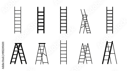 Various black silhouettes of ladders including straight, extension, and stepladders, representing work, construction, and home improvement.