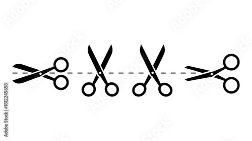 Scissors cutting a dotted line icon set for various applications including coupons, discounts, crafting, tailoring, hairdressing, and office tasks, isolated.