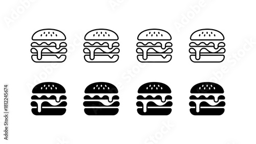 Minimalist hamburger icon set showcasing both outline and solid filled styles, ideal for fast food, restaurant menus, and mobile app interfaces