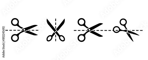 Scissor icons with dotted lines for cutting or cropping digital content, documents, and images, representing editing, trimming, and separation.