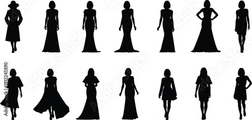 Collection of Women Silhouettes in Evening Wear Gowns Dresses Formal Fashion Elegance Style Glamour Runway Modeling Full Length Poses Isolated White Background