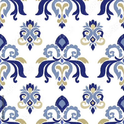 Motif ethnic ikat seamless textile illustration, blue embroidery, print striped abstract ornament , pattern, design for wrapping, silk, scarf, background, textile, carpet, rug, texture, hand-draw