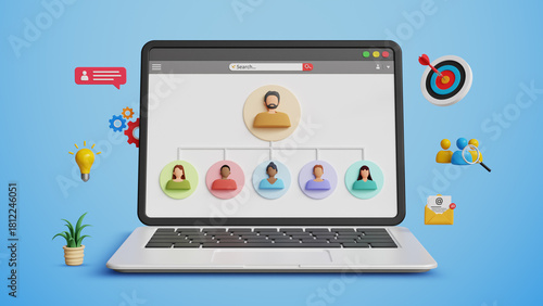 HR Management. Human Resource Planning, Network Administration, IT Management, Enhanced Performance, Recruitment, Training, Workforce., Leadership. Business Professional Managing team on 3D Laptop