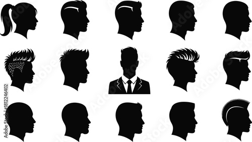 Diverse Head and Shoulder Silhouettes Profile Views Collection Various Modern Men's Hairstyles Women Ponytail Identity Avatar Portrait Set Isolated White Background