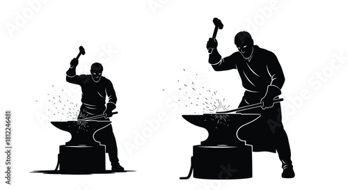 Two blacksmiths working at forges shaping metal with hammers and heat