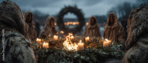 ancient-style pagan solstice ritual circle with torches and carved wooden symbols, participants in traditional winter cloaks and natural materials, dark evening sky with hints of northern twilight