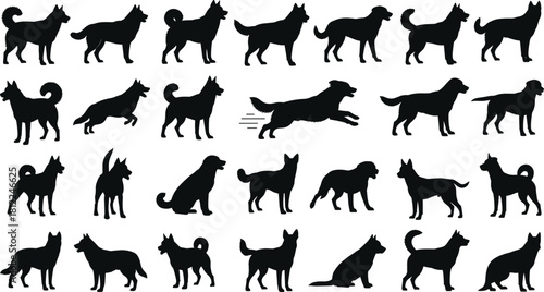 Dog Silhouettes Collection Various Poses Running Standing Sitting Different Breeds Canine Mammals Pets Animals Domestic Siberian Husky German Shepherd Isolated White Background