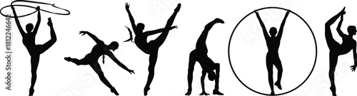 Rhythmic gymnasts and acrobats performing in silhouette