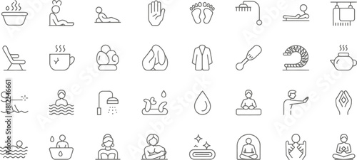 “Minimalist Spa and Wellness Line Icons Set – Relaxation, Self-Care, Massage, Bath, Sauna, Aromatherapy, Yoga & Body Care Symbols”