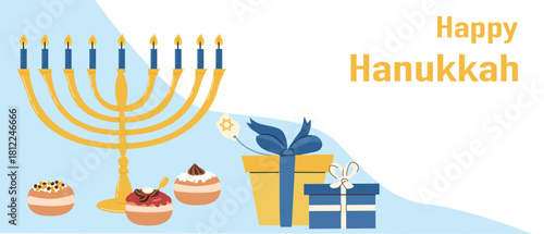 Happy Hanukkah. Flat vector illustration with donuts and gifts, menorah. Hanukkah banner design of jewish holiday with traditional symbols. Greeting background.