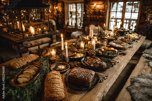 Scandinavian Yule feast table indoors, wooden cabin interior with soft candlelight, hearty traditional foods including breads, roasted meats, and winter vegetables,