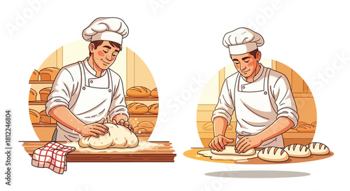 A smiling baker crafting dough with passion in a warm bakery setting