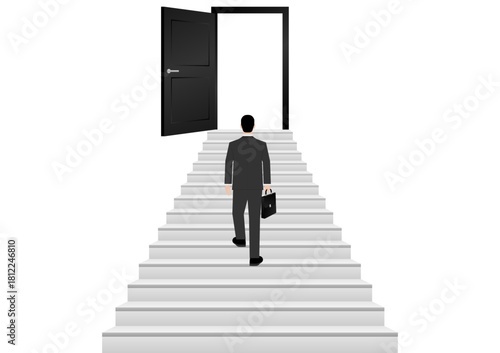 Businessman walking Upstairs to Opportunity Door. Business Opportunity and Success Career Concept. Vector Illustration. 