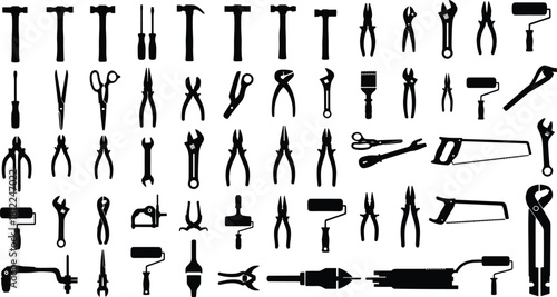 Essential Hand Tools Silhouette Collection, Including Hammers, Wrenches, Pliers, Saws, Screwdrivers, Paint Rollers, Utility and DIY Equipment, Construction and Repair Isolated White Background