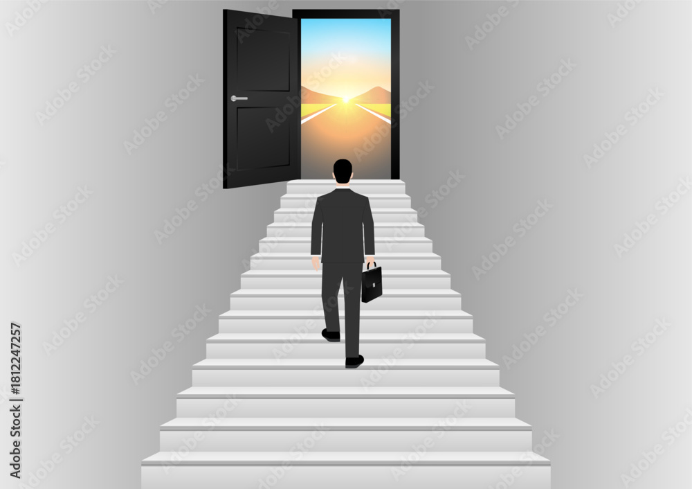 Obraz premium Businessman walking Upstairs to Opportunity Door. Business Opportunity and Success Career Concept. Vector Illustration. 