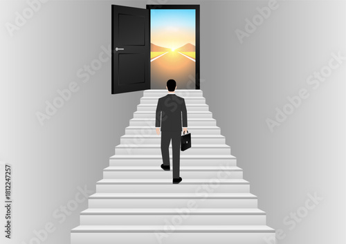 Businessman walking Upstairs to Opportunity Door. Business Opportunity and Success Career Concept. Vector Illustration. 